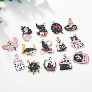 Gothic Halloween enamel charms set including skull, raven, and moth pendants for DIY jewelry