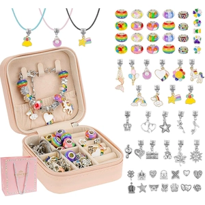 66pcs DIY rainbow unicorn jewelry set with pink leather storage box and princess gift bag