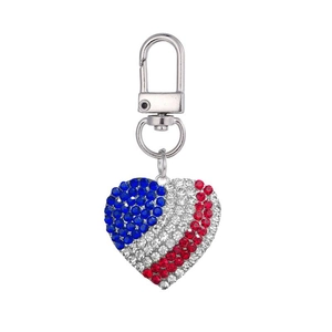 Red white and blue US flag themed heart keychain with full rhinestones and silver clasp