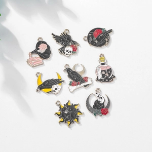 Gothic Halloween alloy pendant charms featuring raven skull moon and sun symbols