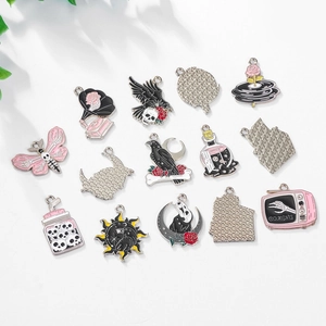Gothic skull and moth enamel charms in various colors for DIY necklace making