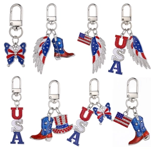 USA flag themed keychain collection with red white and blue enamel and sparkling rhinestones