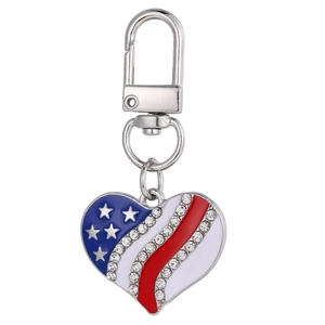 Heart-shaped USA flag keychain with red white blue enamel and sparkling rhinestones