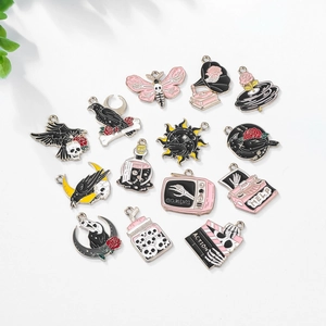 Gothic Halloween Alloy Enamel Pendants For DIY Jewelry Making Skull Raven Rose Vintage Dark Style Necklace Charms Accessory