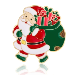 Festive Santa Claus enamel brooch pin with gift bag for Christmas holiday jewelry decoration