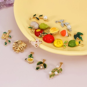 Assorted summer fruit and leaf pendants made of colorful enamel alloy for DIY jewelry