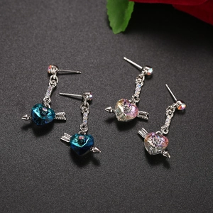 Minimalist Cupid's arrow heart earrings set with blue and aurora borealis crystals
