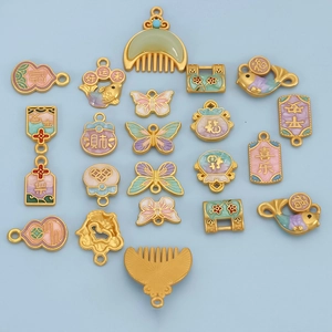 Detailed view of Chinese style enamel pendants with koi, butterflies, and lucky charms