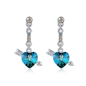 Minimalist silver heart earrings featuring blue Austrian crystal and Cupid's arrow drop