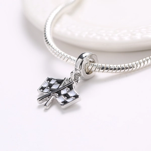 Silver snake chain bracelet featuring a racing checkered flag charm with enamel finish