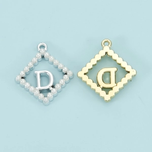 Square pearl letter D necklace pendants in silver and gold frames for DIY jewelry