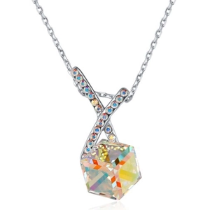 Collar de cristal elegante con colgante de cubo brillante y cadena de plata para mujer