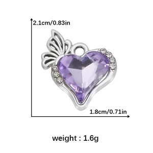 Detailed view of purple heart crystal pendant with hollow butterfly wing and dimensions