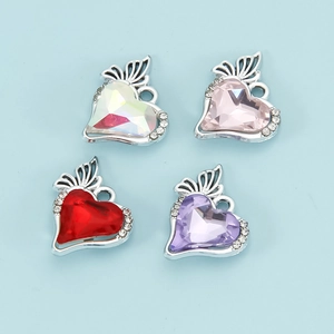 Baroque heart butterfly pendant set in silver metal with faceted gems for DIY jewelry