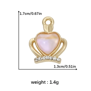 Detailed view of heart crown charm with opal effect and white zircons showing size dimensions