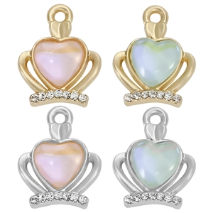 Baroque crown heart charms with opal stone and rhinestones in four color variants