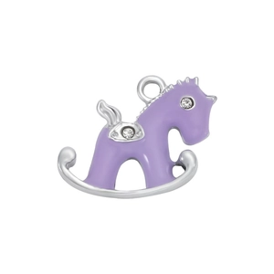 Cute purple enamel rocking horse charm with rhinestones and silver metal finish
