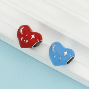 DIY heart beads with crescent moon and stars patterns in red and blue enamel finish