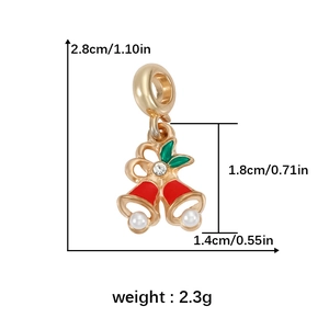 Detailed view of gold Christmas bell pendant with red enamel, pearls and dimensions