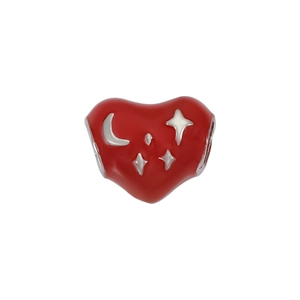DIY heart charm bead with red enamel finish and silver moon and star patterns for bracelets