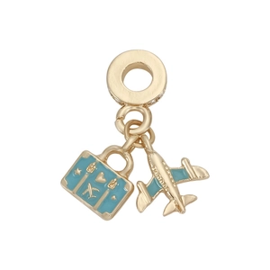 Travel themed gold suitcase and airplane pendant with blue enamel for DIY bracelets