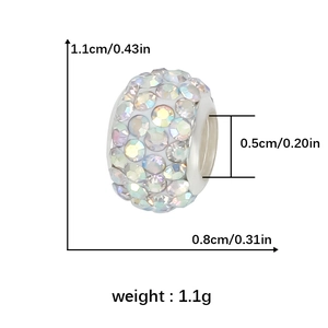 Detailed size chart for AB crystal pave charm bead with dimensions and weight info