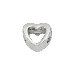 Cuenta de corazón hueco en metal plateado pulido para creación de joyas DIY y pulseras