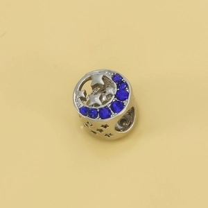 Silver hollow moon and stars charm bead with deep blue gemstones for DIY bracelets
