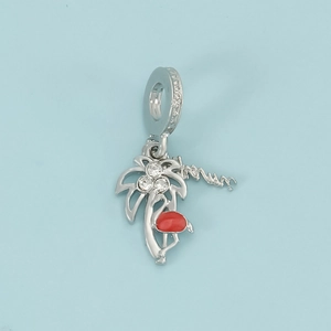 Tropical Hawaii charm with coconut tree, red flamingo and zircon accents for bracelets