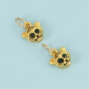 Golden leopard head charm set with green eyes for DIY jewelry and bracelets