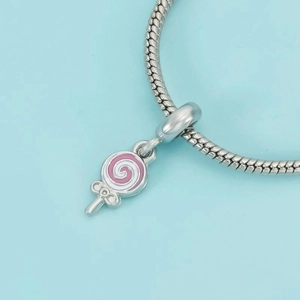 Pink spiral lollipop charm pendant in S925 silver and enamel for DIY bracelets