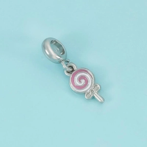 Pink and white enamel lollipop charm pendant in S925 silver with a small bow detail