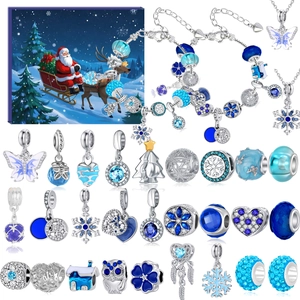 Blau Weihnachten Adventskalender DIY Schmuck Legierung Perlen Anhänger Halskette Armband Geschenk Kollektion Damen Mädchen