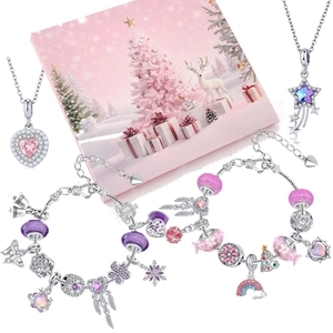 Set de regalo de pulsera de dijes DIY rosa y morado con collares y adornos navideños