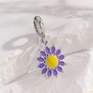 Daisy flower dangle charm with purple enamel and yellow center for DIY bracelets