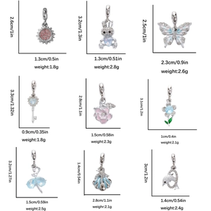 Detailed size and weight guide for colorful S925 silver charms including butterfly and heart