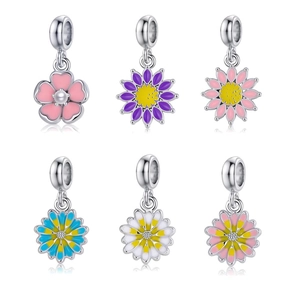 Sweet Alloy Flower Charms For Bracelet DIY Cherry Blossom Daisy Tulip Pendant With Rhinestone Enamel Jewelry Making Accessories