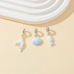 Silver ocean charms set with fish tail and shell enamel pendants for DIY jewelry making