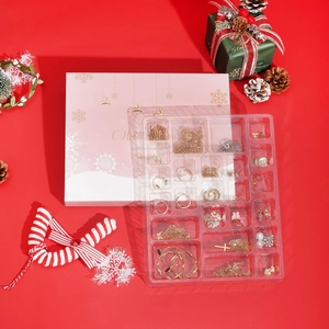 Detailed view of pink Christmas 24-day advent calendar gift box with assorted jewelry sets