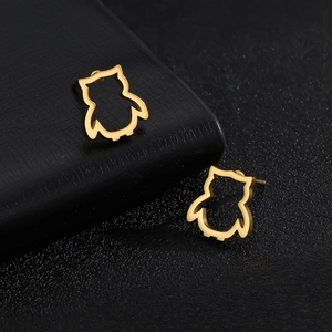 Detaillierte Makroansicht der goldenen Eulen-Ohrstecker aus Edelstahl in einer Displaybox