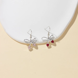 Japanese style bowknot drop earrings with heart crystal pendants in pink and red color