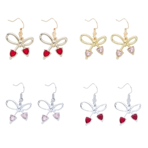 Sweet Alloy Rhinestone Bow Knot Heart Drop Earrings For Women Elegant Fairy Style Gold Silver Dangle Earrings Jewelry Gift