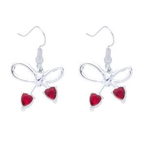 Chic silver bow earrings with vibrant red heart-shaped gemstones and fish hooks
