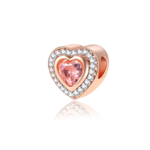 Sparkling rose gold heart charm with pink zircon and white diamonds for DIY bracelets