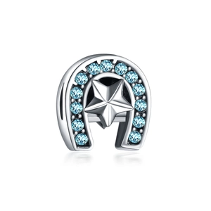 Charm fer à cheval en argent poli avec zircons bleus et étoile pour bracelet perle