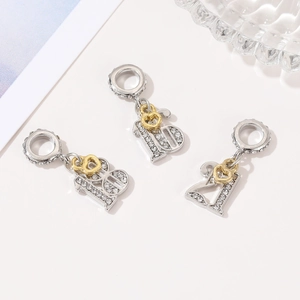 Silver number 16 18 21 charms with gold hearts and crystals for DIY charm bracelets