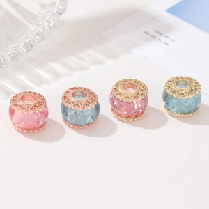 Sparkly silver foil resin beads with gold hollow metal caps for DIY jewelry making