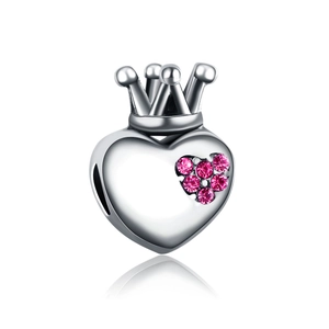 Charm en forme de cœur argenté avec couronne en cristal rose pour bracelets DIY