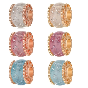 Handmade resin beads with silver foil flakes and decorative rose gold floral metal caps