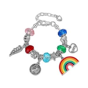 Colorful crystal beaded charm bracelet with angel wings and heart pendants on silver chain